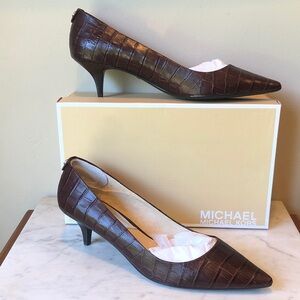 Michael Kors Dark Brown Croc-Embossed Pointed Kitten Heels